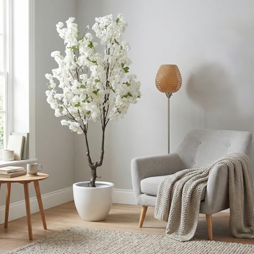 Faux Cherry Blossom Tree Artificial White Flowering Trees Fake Cherry Blossom Decorative Tree 6FT Indoor for Christmas New Year Home Decor - color: White-ap30