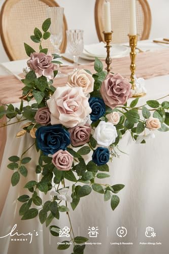 Ling's moment 2PCS Navy Blue Artificial Flower Garland Wedding Arch Flowers Floral Swags Table Centerpieces Dusty Rose Arrangements for Sweetheart Table Easel Wall Entryway Board Backdrop Decor - color: Pk-dusty Rose & Navy