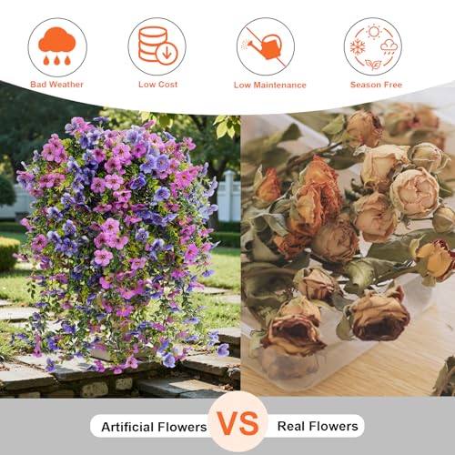 Artificial Hanging Flowers for Outdoor Decor, 6 Bundles UV Resistant Faux Silk Flowers, Fake Hanging Plants for Porch Patio Yard Planter Indoor Home Decoration(Blue, Purple) - color: Blue＆purple