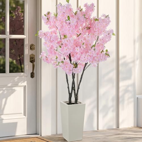 BLOSMON Cherry Blossom Tree for Porch: 5ft Pink Fake Flowers Artificial Tree with Tall Planter for Outdoor Decorations - Faux Sakura Plants for Indoor Home Living Room - color: Pink Cherry Blossom