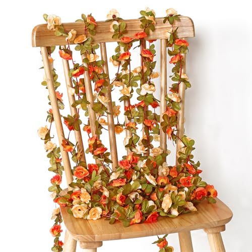 KHOYIME 9 Pack 72 FT Artificial Flower Garland, Fake Orange Roses Vines Silk Flowers Faux Plastic Outdoor Hanging Floral Garland Fall Autumn Decoration for Indoor Table Home Wall Backdrop Room Decor - color: Orange, size: 9pcs