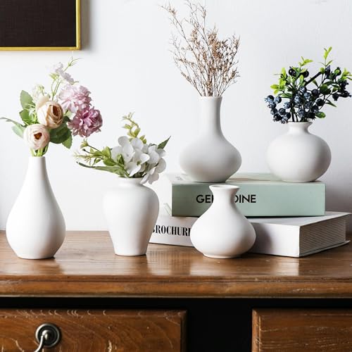 White Bud Vases, Ceramic Small Vase Set of 5, Mini Vases for Fresh and Dried Flowers, Modern Home Decor, Pottery Centerpiece Table Decorations - color: White - 5 Pcs