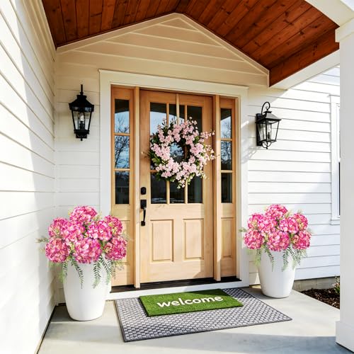 Ammyoo Artificial Hydrangea Flowers Silk Rose Red Fake Flower with Eucalyptus for Outdoor Decorations UV Resistant Realistic Faux Plants for Garden Porch Window Box Indoor Bathroom Dining Table Decor - color: Rose Red