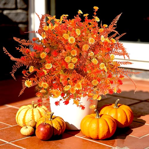 Artificial Flowers for Outdoor Indoor Decoration, Faux Flower Daisy with Eucalyptus Leaves Fake Plants Dried Flower Greenery Boxwood Porch Patio, 12 Bundles (Orange Yellow Burgundy) - color: Orange Yellow Burgundy