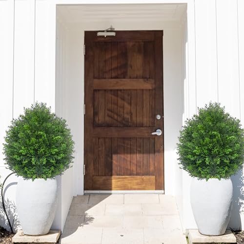27.5" Artificial Cedar Topiary Tree with Ground Spike, Set of 2 Artificial Cypress Trees Faux Shrubs, UV Resistant Artificial Outdoor Shrubs Plants for Porch Garden Front Porch Decor - size: 2ft 4in