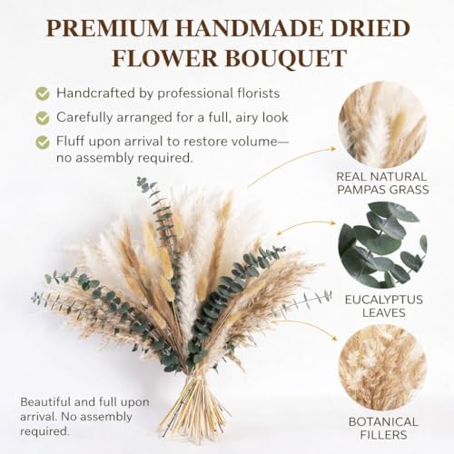 Natural Dried Pampas Grass Bouquet with Eucalyptus, 17” Boho Floral Arrangement for Vase, Home Office Farmhouse Decor, Wedding Centerpieces, Rustic Home Decor