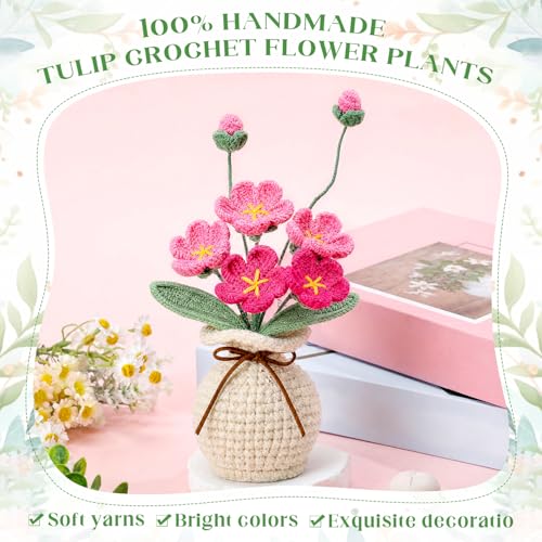 Marsui Crochet Flower Bouquet with Vase Forget-Me-Not Flowers Pot Crocheted Flower Handmade Knitted Potted Flowers Gift for Wome Coworker Father's Gifts Back to School Gift Home Decoration (Pink) - color: Pink, style: Forget-me-not
