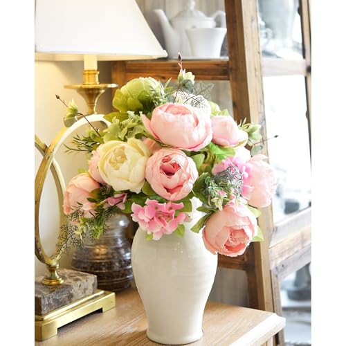 FiveSeasonStuff Artificial Peony Bouquet, Pink, Beige & Green Silk Flowers for Wedding Centerpieces, Bridal Bouquets & Home Decor – Spring Waltz - color: Pink Beige Green