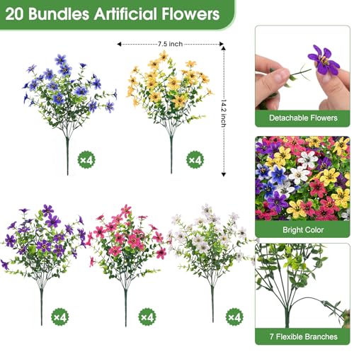 Bassion 20 Bundles Artificial Flowers for Outdoors Decorations, UV Resistant Faux Plants Fake Silk Flowers for Outside Daisy Hanging Planters Window Box Front Door Porch Patio Yard Home Decor - color: Multi Color
