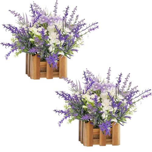 WELL KNOWN Artificial Lavender Plants in Wooden Baskets, Artificial Mini White Flower Arrangement in Planter for Home Hotel Office Table Wedding Centerpieces & Gift(Set of 2) - color: Lavender