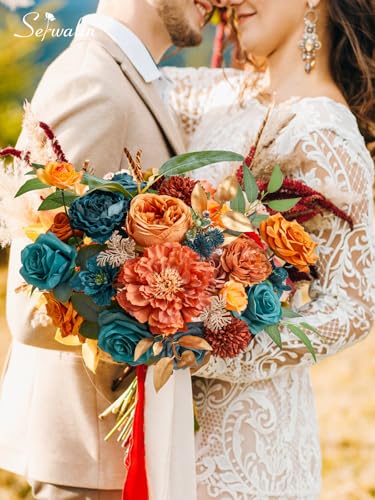 Serwalin Artificial Flowers, Teal Burnt Orange Silk Floral Centerpieces, Fake Flowers Bouquets Box Set for Wedding Bridal Baby Shower Party DIY Craft Home Cake Decoration - color: A Blooming Orange Teal, size: Square