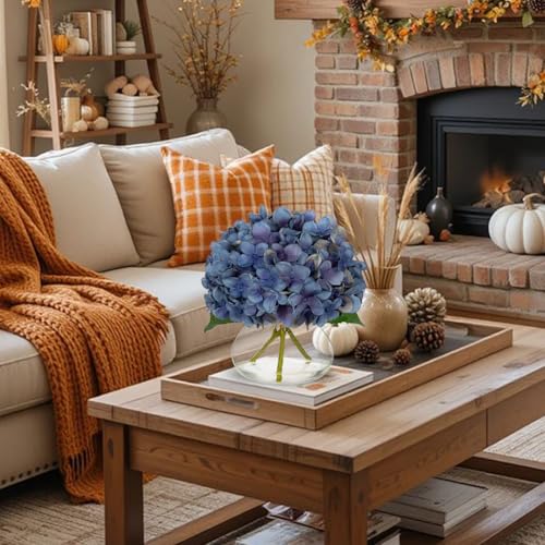 Hollyone Blue Hydrangea Fall Flowers Artificial for Decoration with Glass Vase Autumn Silk Faux Flower Arrangements with Fake Water Table Centerpiece Vase with Flowers Fall Decorations for Home - color: Hydrangea, Dark Blue
