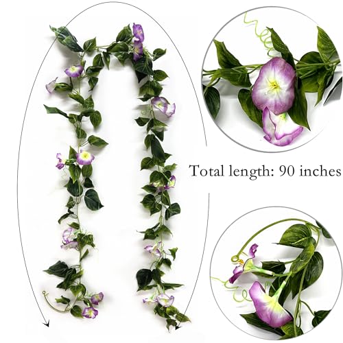 Artificial Morning Glory Hanging Vines Plants, Fake Silk Garland Flower Faux Ivy Lifelike Greenery Vine Plant for Home Garden Wall Fence Indoor Outdoor Wedding Birthday Decoration Fuchsia 2 Pack - color: Morning Glory Vines - Fuchsia 2 Pcs