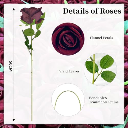 10 PCS Artificial Roses with Long Stems Silk Flowers Realistic Foam Flowers Fake Roses for Valentine's Day Home Wedding Halloween Decor(Wine Red) - color: Wine Red