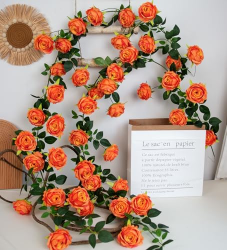 Bendable Artificial Flower Garland Faux Rose Vine Hanging Floral Garland for Wall Decor Trellis Fence Home Room Garden Wedding Decoration(Orange, 1pcs) - color: Orange, size: 1pcs