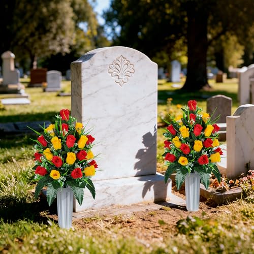 Artificial Cemetery Flowers - Set of 2 Grave Memorial Rose Flowers with Vase for Cemetery Headstones Gravesites Decoration (Red & Yellow) - color: Red & Yellow
