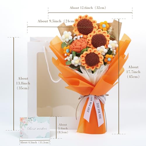 Crochet Flower Bouquet, Handmade Knitted Sunflower Faux Crochet Flowers for Home Decor Valentine’s Day Anniversary Weddings Birthdays Mother’s Day, Includes Gift Bag and Greeting Card (Sunflower) - color: Orange