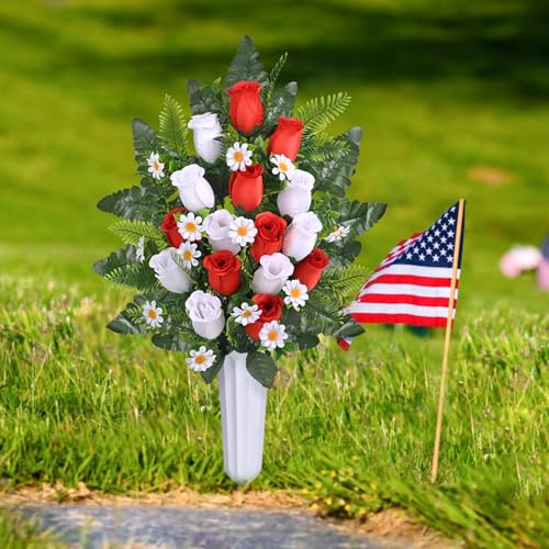 Dolicer 2 Sets Artificial Cemetery Flowers for Grave, Realistic Grave Flowers Memorial Flower UV Resistant Silk Rose Flower with Vase for Cemetery Decorations (Red, White) - color: Red, White, size: Flowers in Vase