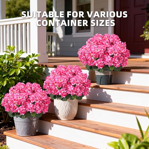 Geraniums Artificial Flowers for Outdoors, 2 Pack Potted Plants Pink Faux Geraniums Bush Artificial Topiaries Realistic UV Resistant Fake Flowers Plants for Planters Outside Gardens Front Door Indoor - color: Pink