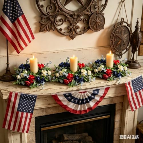 6 Pcs Small 4th of July Hanging Wreaths for Cabinets with Red Blue Artificial Mini Independence Day Pillar Candle Ring Wreath for Patriotic Independence Day Memorial Day Porch Front Door - color: Patriotic