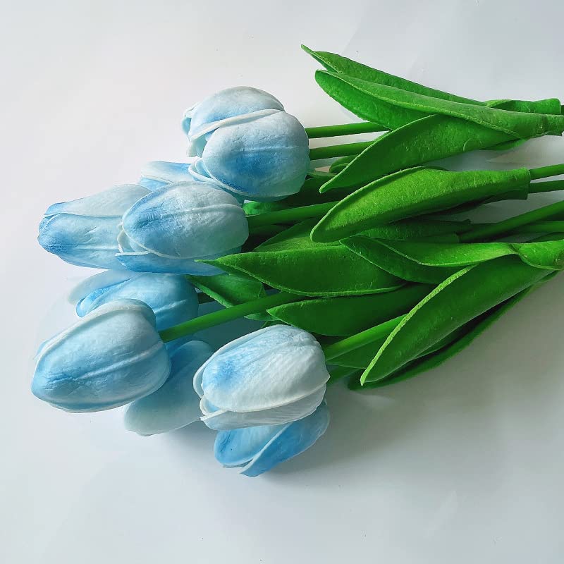 Artificial Flowers Tulips Fake Flowers Real Touch Latex Tulips Faux Flowers Bouquet for Wedding Party Arrangements Home Decor and Baby Shower Centerpieces (10, White-Blue) - color: White-blue