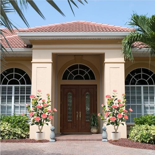 Artificial Camellia Tree 2 Pack - Realistic Camellia Plants in Pot with Pink Flowers, Lifelike Faux Greenery for Living Room, Patio, or Wedding,Pink - color: 2 Pack Pink