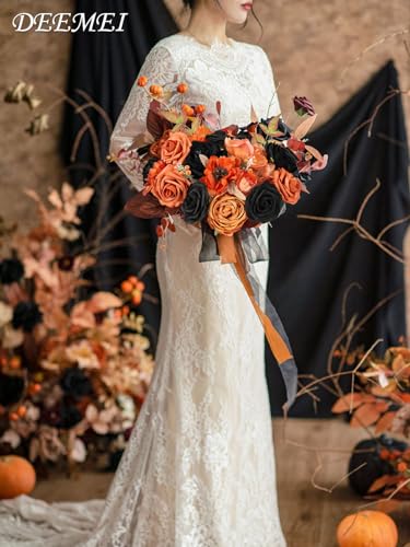 Artificial Flowers Combo Box Set Fall Fake Flowers Silk Mix Roses Peonies with Stems for DIY Bridal Wedding Decor Bouquets Centerpieces Baby Shower Party Home Decorations Orange Black 24pcs - color: Orange Black