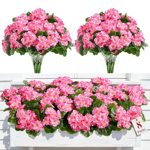 Alupssuc 8 Bundles Artificial Geranium Flowers UV Resistant for Outdoors | Silk Material, Real Touch, 18" Tall, 8 Bundles, 5 Stems Each, for Front Door Garden Porch Patio Planter, No Fade, No Watering - color: Ombre Pink