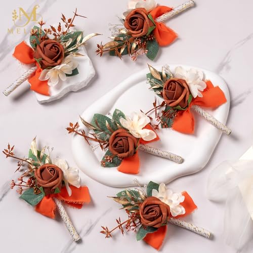 Burnt Orange Terracotta Faux Foam Rose Boutonnieres for Men 6Pcs | Artificial Foam Rose Boutonnieres for Wedding Prom Groom Groomsmen Party Suit Decoration Homecoming Graduation - color: Orange Boutonniere