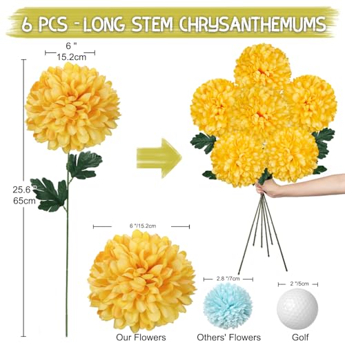 Briful [6PCS Autumn Artificial Chrysanthemum Flowers – 25.6” Long Stem Faux Silk Flowers with Large 6” Bloom Heads, Realistic Plastic Leaves – for Home Wedding Party Office Fall Decor (Yellow) - color: 6'' Dia. 6pcs Yellow