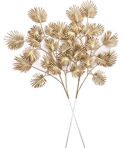 Artificial Golden Plants for Christmas Decor, Tall 30 Inch Faux Palm Leaves Plastic Fan Leaf Fake Tropical Monstera Tree for Indoor Outdoor Wedding Party Big Vase Filler DIY Decoration - Gold 2 Pack - color: (Tall) Golden Tropical Monstera Leaves - 2 Pcs
