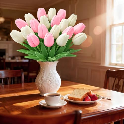 20 Pcs Tulips Artificial Flowers, 13.5'' Real Touch PU Fake Flowers Bouquet for Home Party, Spring Wedding Floral Arrangement, Valentine's, Easter and Mother's Day Decor (Cream,Pink) - color: Cream,pink