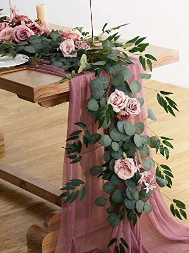 MISSPIN 8FT Eucalyptus and Willow Leaf Garland with Artificial Flowers Fake Flower Peony Rose Vine Greenery Decorative Wall Hanging Plant for Spring Wedding Arch Door Arrangement Party Decor - color: Dusty Cream