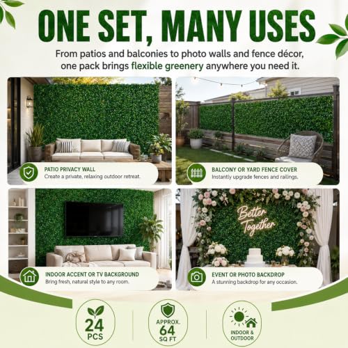 Juexica 24 Pcs Artificial Boxwood Hedge Panels 24" x 16", UV Protected Faux Greenery Wall for Privacy Screen Backdrop Wedding Bridal Shower Birthday Party Patio Fence Decor(16 x 24,24 Pcs) - size: 16 x 24"