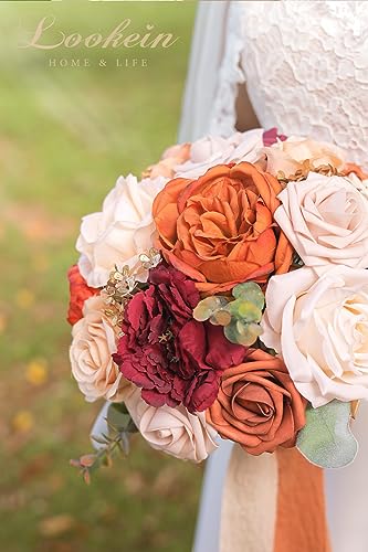 Lookein 10 Inch Wedding Bouquet for Bride Artificial Flowers Birdal Bouquet Bridesmaid Bouquet Tossing Bouquet for Wedding Ceremony Anniversary Bridal Shower, Chic Terracotta - color: 10" Chic Terracotta