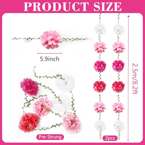 Hot Pink White Party Decorations Ombre Pink White Tissue Paper Flowers Pom Pom Leaf Ribbon Hanging Streamer Garland for Women Girls Birthday Bachelorette Baby Shower Wedding Flamingo Party Supplies - color: Hot Pink