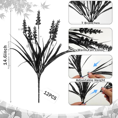 RECUTMS Fake Black Plants 14.6" UV Resistant Halloween Faux Outdoor Flowers | 12Pcs,Faux Wheat Grass with Flowers Artificial Fern Fall Stems for Autumn Hanging Planter Pathway Window Box Garden Decor - color: Black