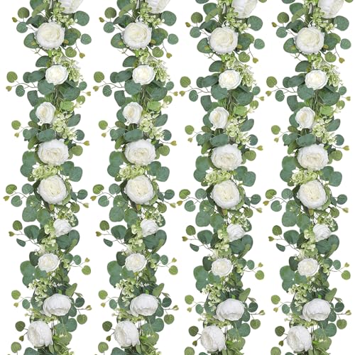 Artificial Flower Garland, Artificial Rose Vine Fake Flower Garland Silk Rose Peony Hanging Vine Faux Floral Garlands for Wedding Party Arch Table Wall Backdrop Decoration (White, 4PCS) - color: White, size: 4PCS