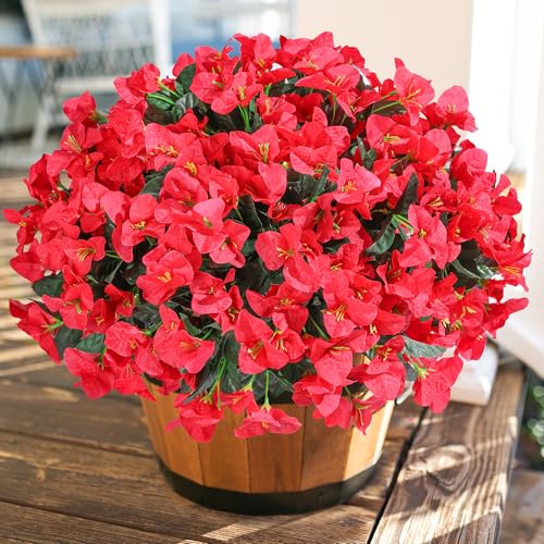 Bougainvillea Artificial Flowers for Outdoors Faux Plants Spring Summer Decor, 4 Bundles Red UV Resistant Fake Outdoor Flowers Silk Flowers for Outside Realistic for Planters Patio Porch Garden Home - color: Red