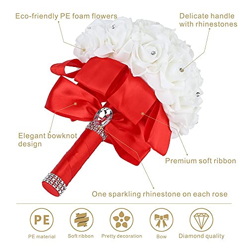 Wedding Bouquet, Red Bridesmaid Bouquet Bridal Bouquet with Crystals Soft Ribbons, Artificial Rose Flowers for Wedding, Party and Church (Red) - color: Red