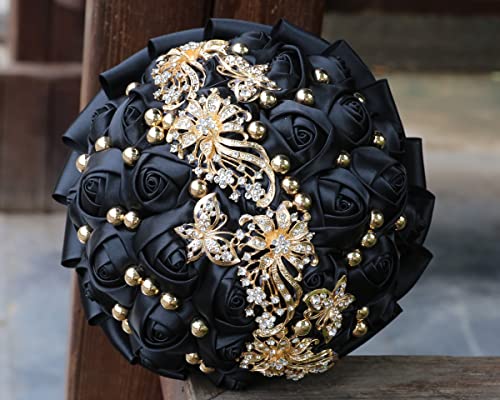 WIFELAI-A Gold Rhinestone Brooch Wedding Flowers Bridal Bouquets Crystal Bride Holding Bouquet White Ivory Satin Roses with Diamond - color: Black