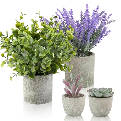 ALAGIRLS 4 Packs Fake Plants Small Artificial Plants for Shelf Lavender Flowers Eucalyptus Succulents Plants Potted Faux Plants for Home Indoor Office Bathroom Living Room Decor - color: Lavender-4pc