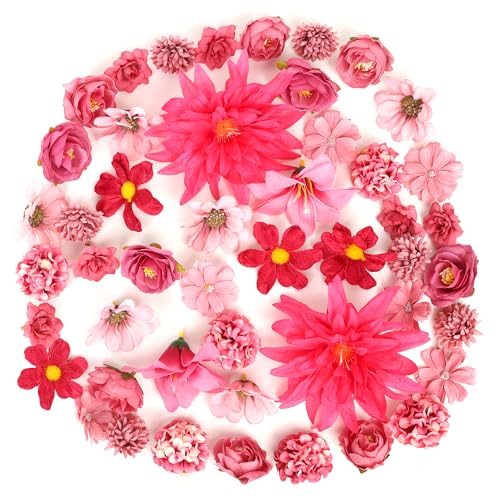 LACGO 48 PCS Artificial Flowers Heads Combo Rose Red Flowers Mix Silk Flowers Heads Pink Bulk for Craft Garland Graduation Cap Wedding Bridal Baby Shower Home Party Decoration DIY Cake Decor - color: Rose Red
