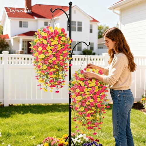 Serwalin Artificial Hanging Flowers for Outdoors UV Resistant, 4PCS Faux Morning Glory Fake Outdoor Flowers Realistic Silk Flower Plants for Outside Planter Front Door Porch Patio Yard Decor - color: Yellow& Hot Pink