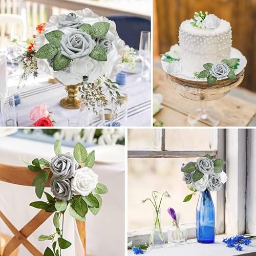 Higfra Artificial Flowers 50 Stems Realistic Roses - Lifelike Fake Flowers for Wedding Bouquets, Baby Shower Decor, Home Centerpieces, DIY Floral Arrangements (Dusty Blue Shades, 50Pcs) - color: Dusty Blue Shades, size: 50Pcs