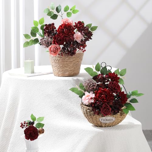 Garisey Artificial Flowers Combo Box Set Burgundy Silk Flowers for DIY Wedding Bouquet Arrangements Bridal Shower Party Home Decorations (Mature Burgundy) - color: Mature Burgundy
