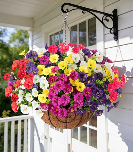 Artificial Faux Hanging Flowers Plants Basket for Outdoors, Silk Morning Glory with Eucalyptus in Planter Look Real UV Resistant Fake Flowers for Porch Outside Patio Balcony Yard Indoor Summer Decor - color: Multi-color (6 Colors)