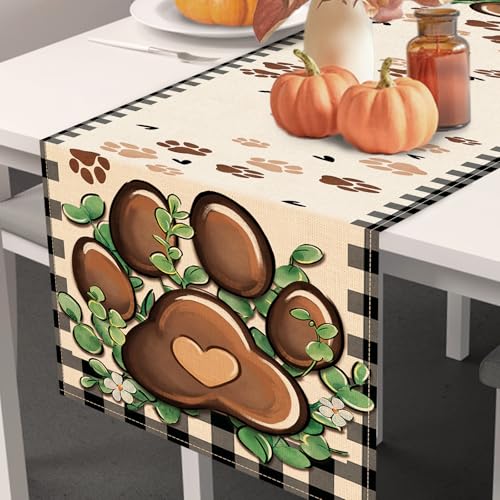 Cat Dog Paw Prints Table Runner, Buffalo Plaid Check Farmhouse Kitchen Dining Table Decoration Pet Lover Gifts, Eucalyptus Leaves Burlap Indoor Outdoor Home Decor Party Supply 13 x 72 Inches - color: Paw, size: Table Runner 13''X72''