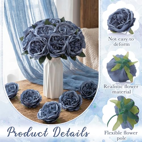 Suncalla 80 Pack Austin Rose Peonies, 3.94 Inch Artificial Flowers Heads Bulk with Stems Leaves for Arrangement Wedding Centerpiece Banquets Party Home Kitchen Decor DIY(Dusty Blue) - color: Dusty Blue