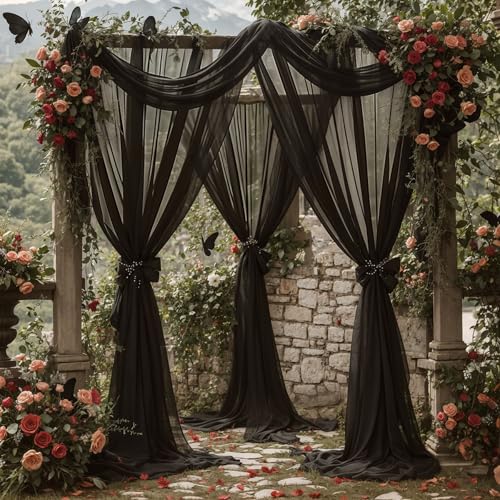 Wedding Arch Draping Fabric, 2 Panels 18FT Black Sheer Backdrop Curtain Chiffon Fabric Drapery Voile Scarf Draping Panels for Wedding Archway Ceremony Curtain Valance Party Decoration - color: Black Drapes Curtain, size: (2 Panels )6 Yards/36ft